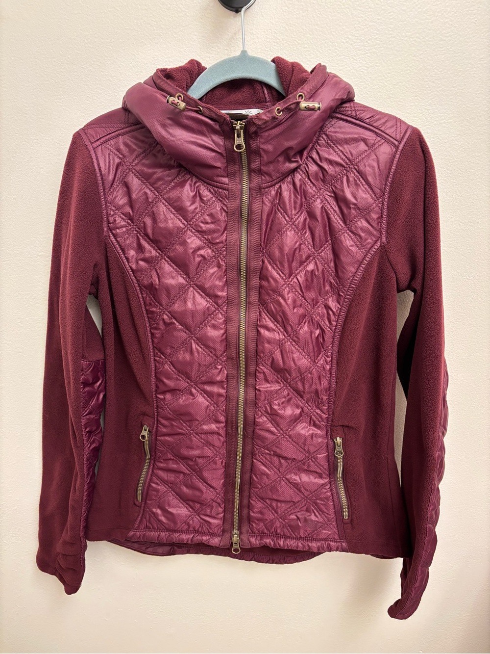 Athleta Women’s Vortex Quilted Hooded Fleece Jacket 2 Way Zip Purple Medium